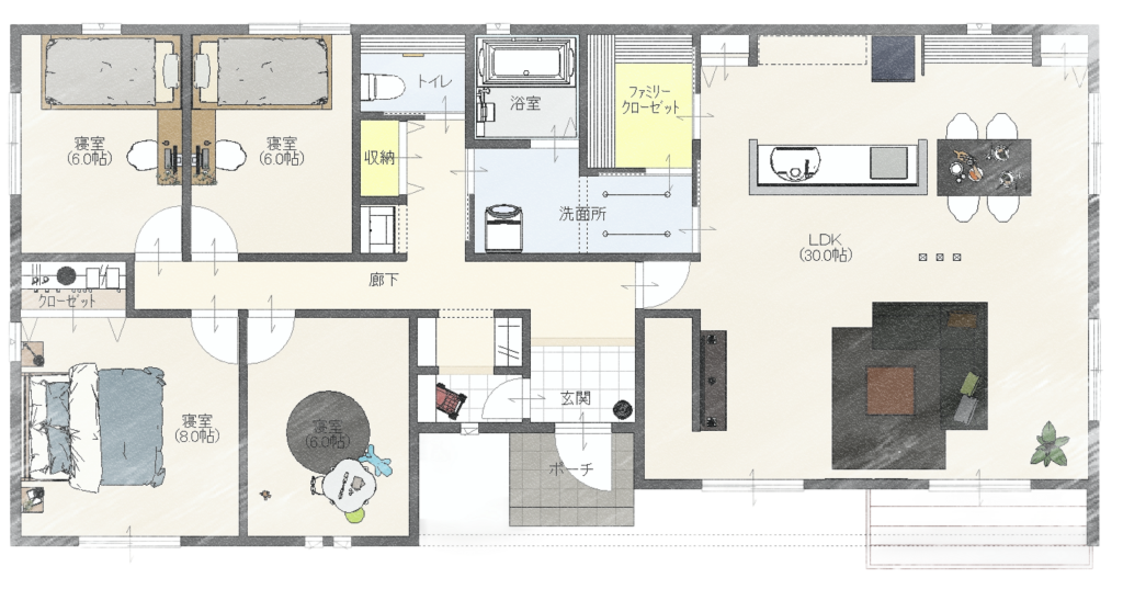 隠す工夫のある平屋住宅